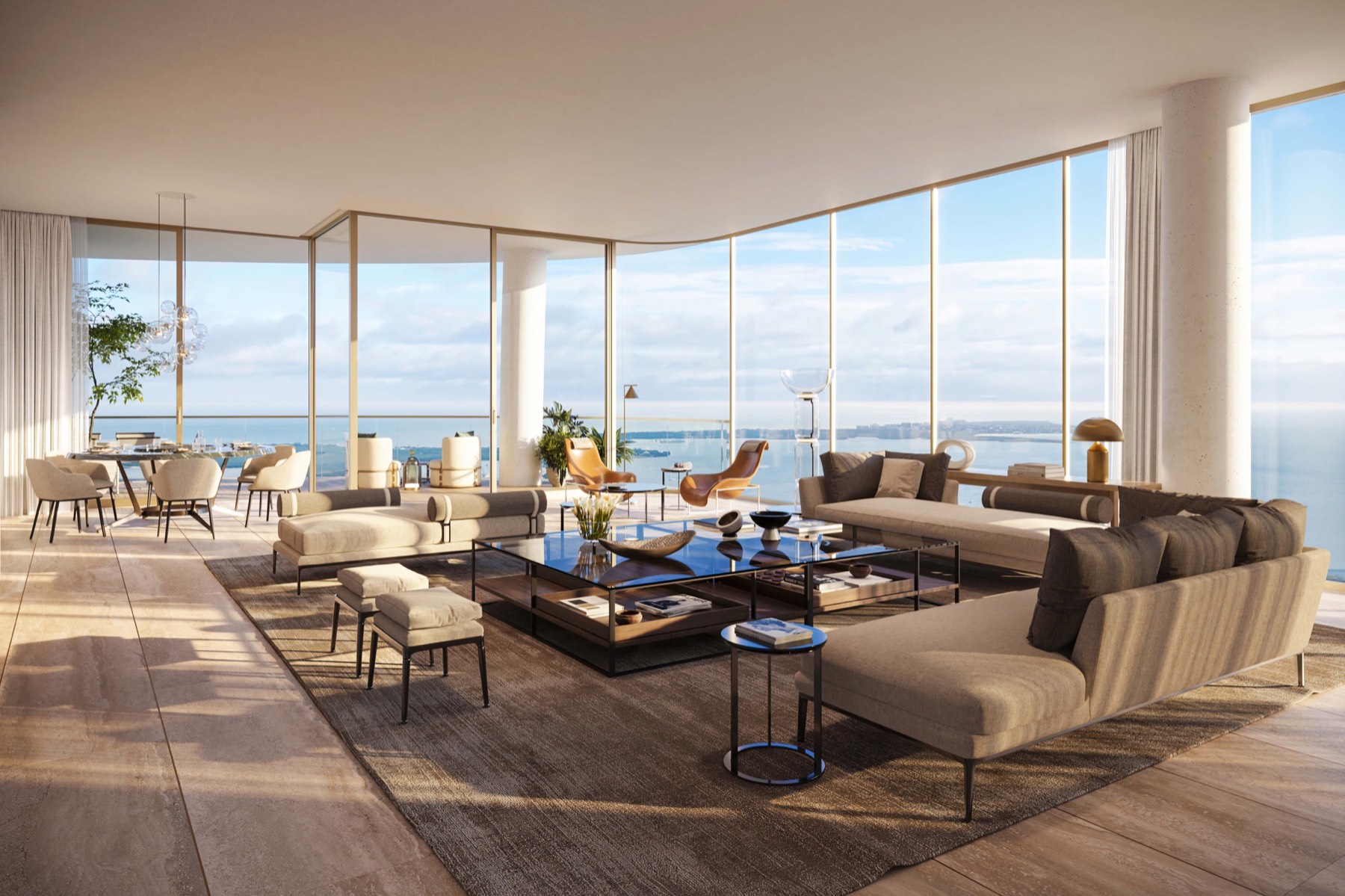 Artist rendering of a bay-facing living room at The Residences at 1428 Brickell
