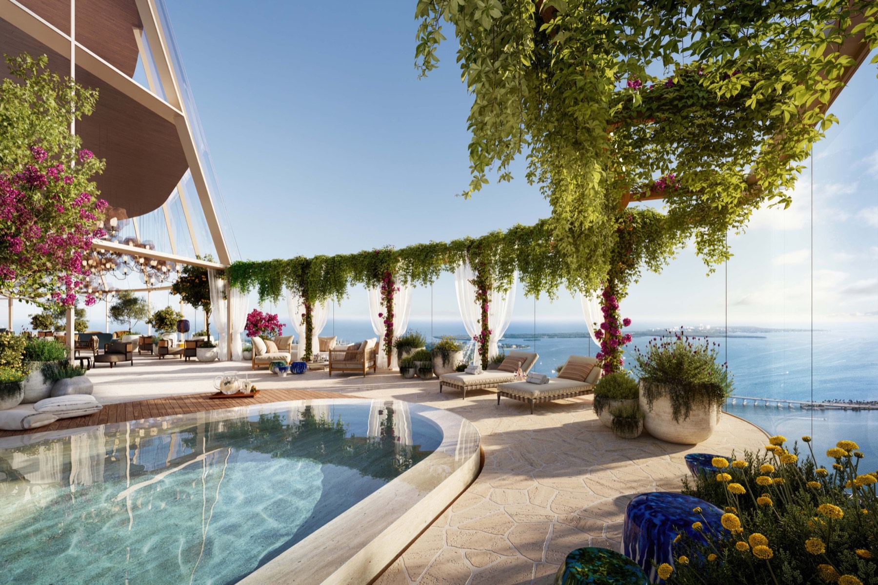 Artist rendering of the rooftop pool and landscaped terrace at The Residences at 1428 Brickell