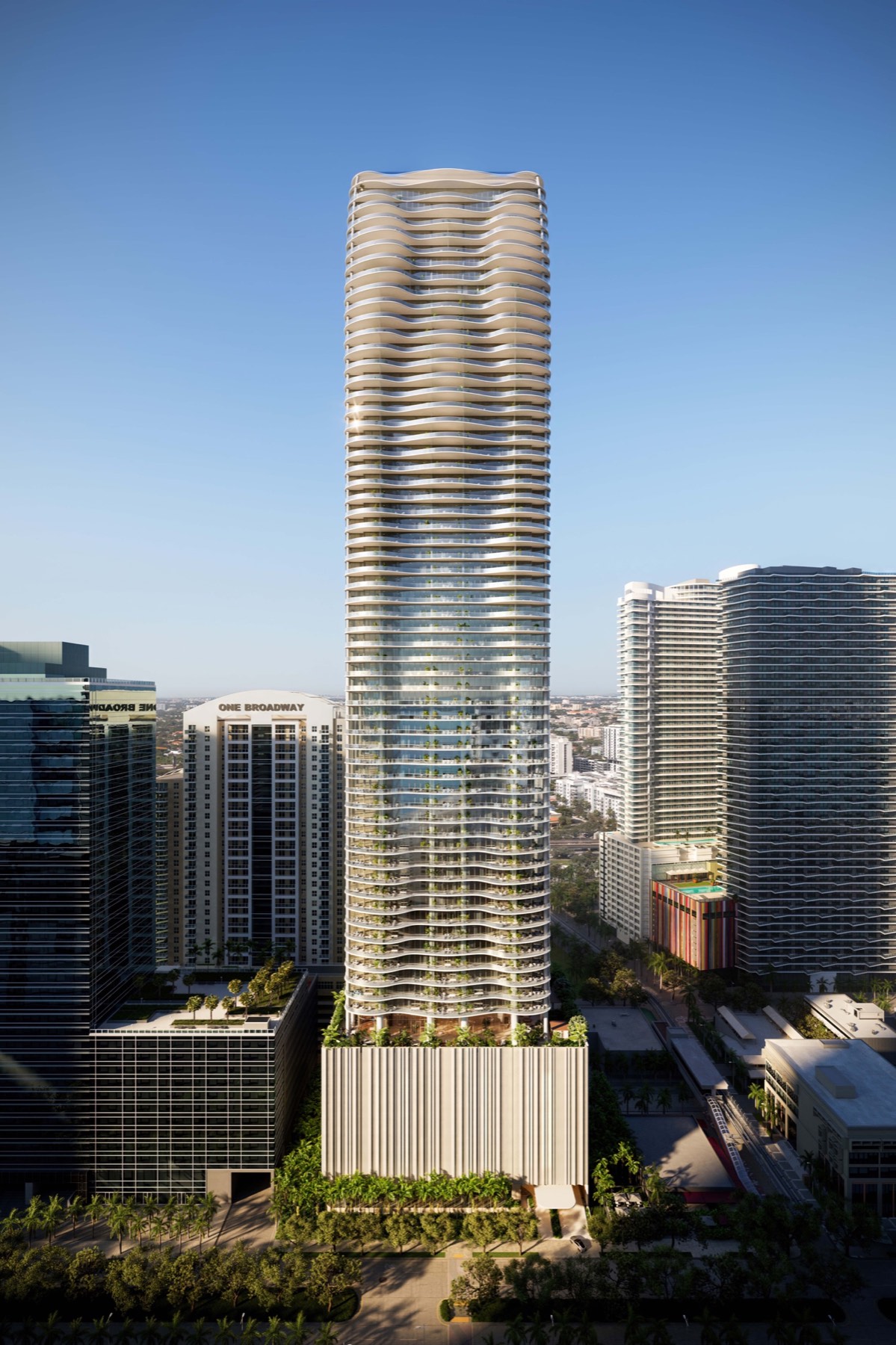 Artist rendering of The Residences at 1428 Brickell tower within the Brickell skyline